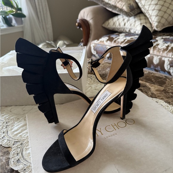 Jimmy Choo Shoes - Jimmy Choo Black Suede Wingback Ankle-Strap Heels